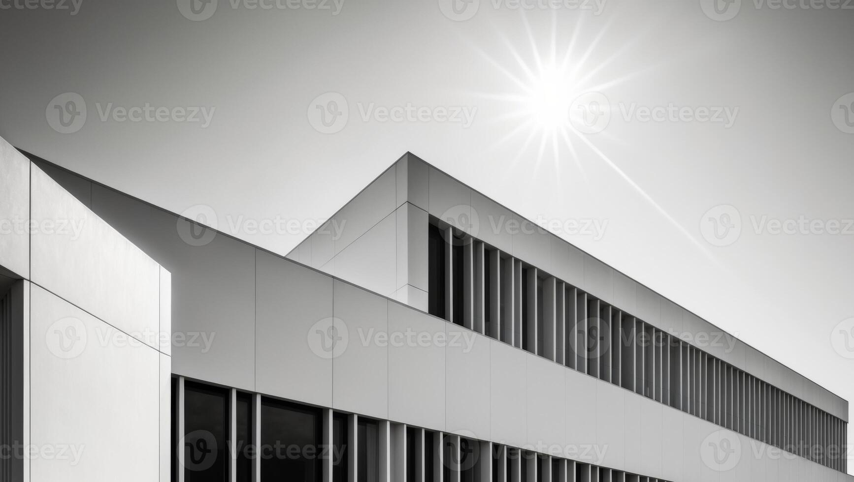 A black and white photo of a building with the sun shining