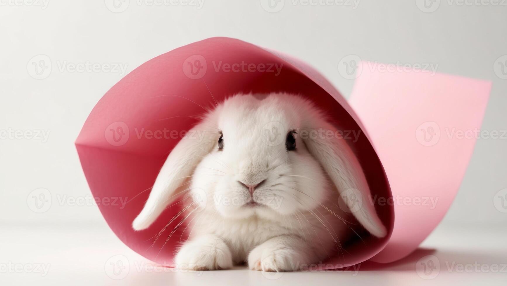 A white rabbit is sitting inside a pink paper photo