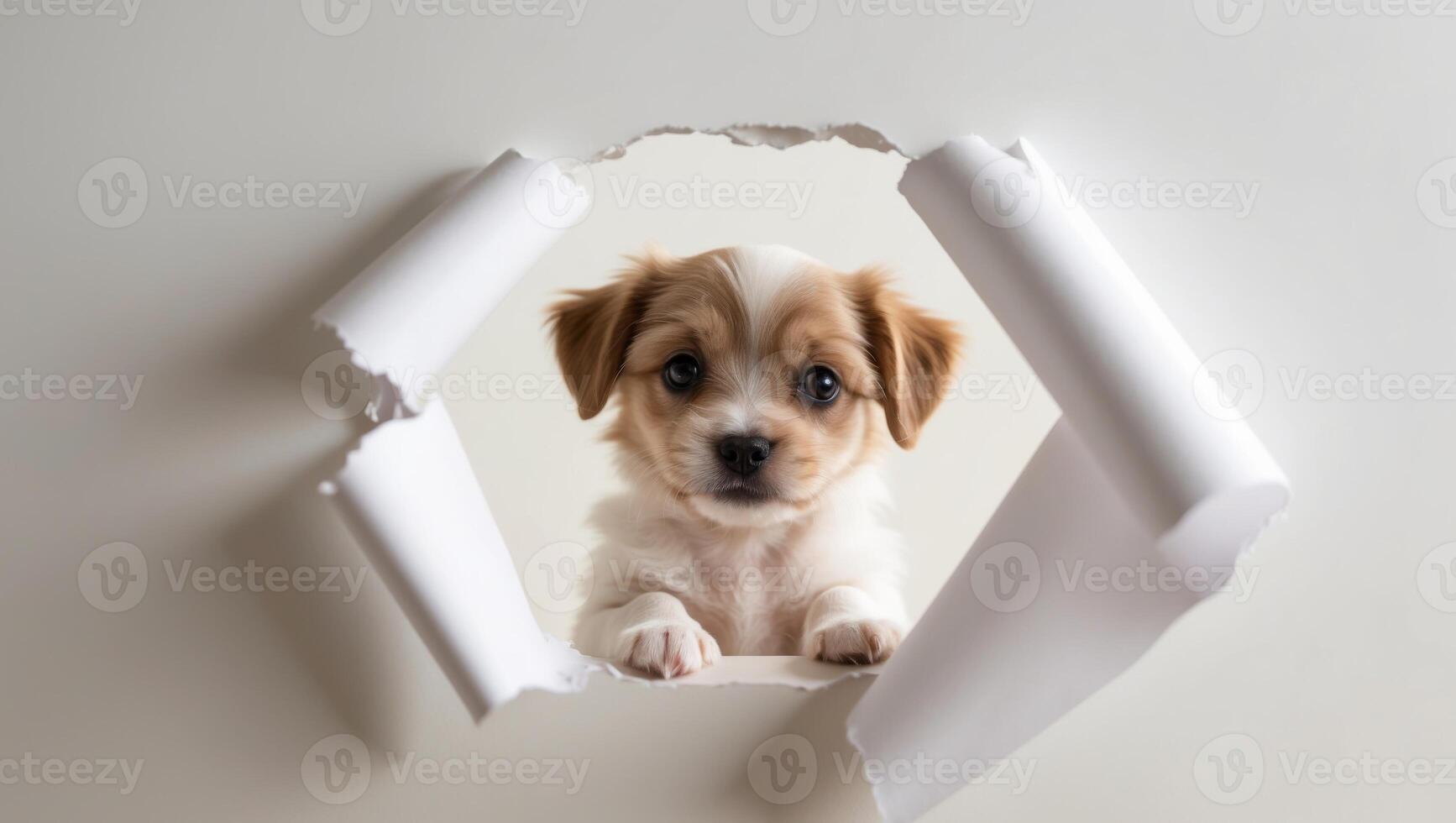 A small dog peeking out from a hole in a paper photo