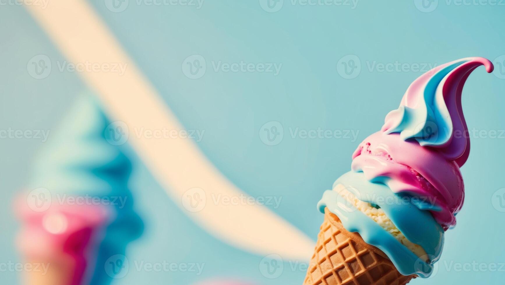 Ice cream cones with colorful swirls on a blue background photo