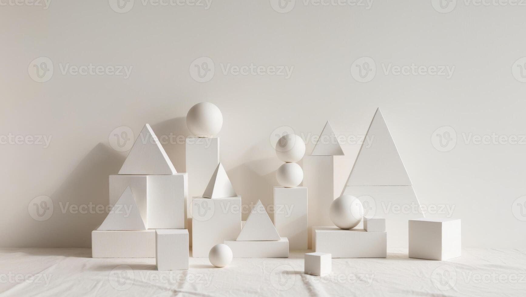 A group of white cubes and shapes on a white surface photo