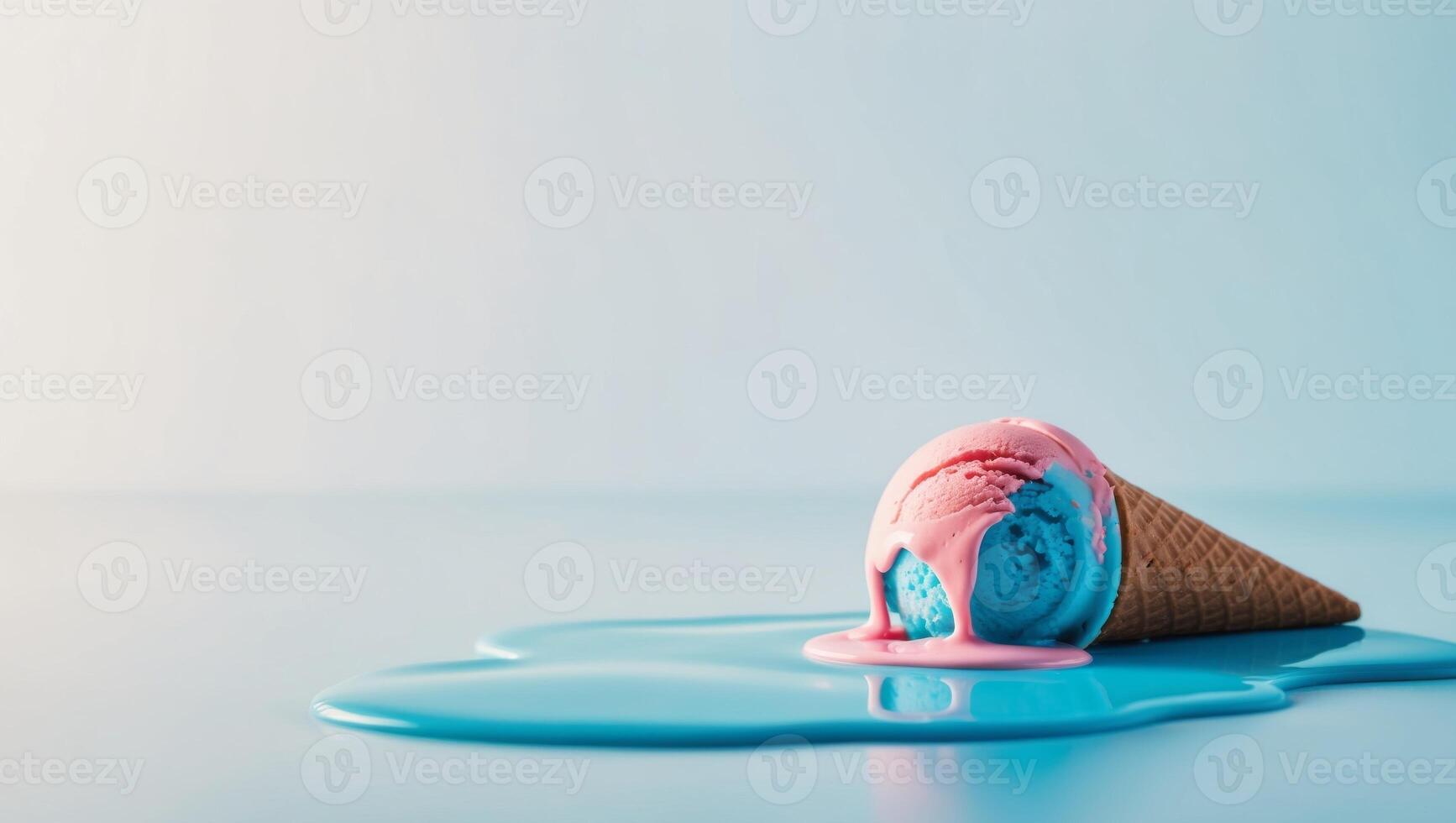 Ice cream in a waffle cone with blue and pink liquid photo
