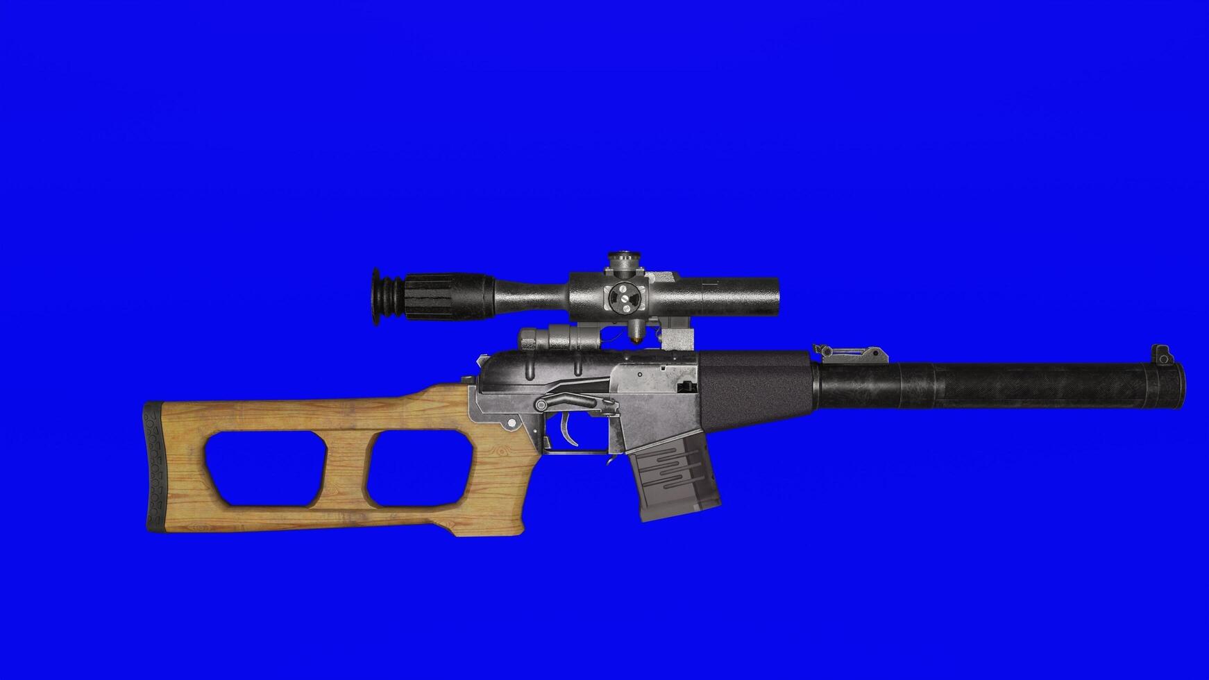 A gun with a scope on it against a blue background photo