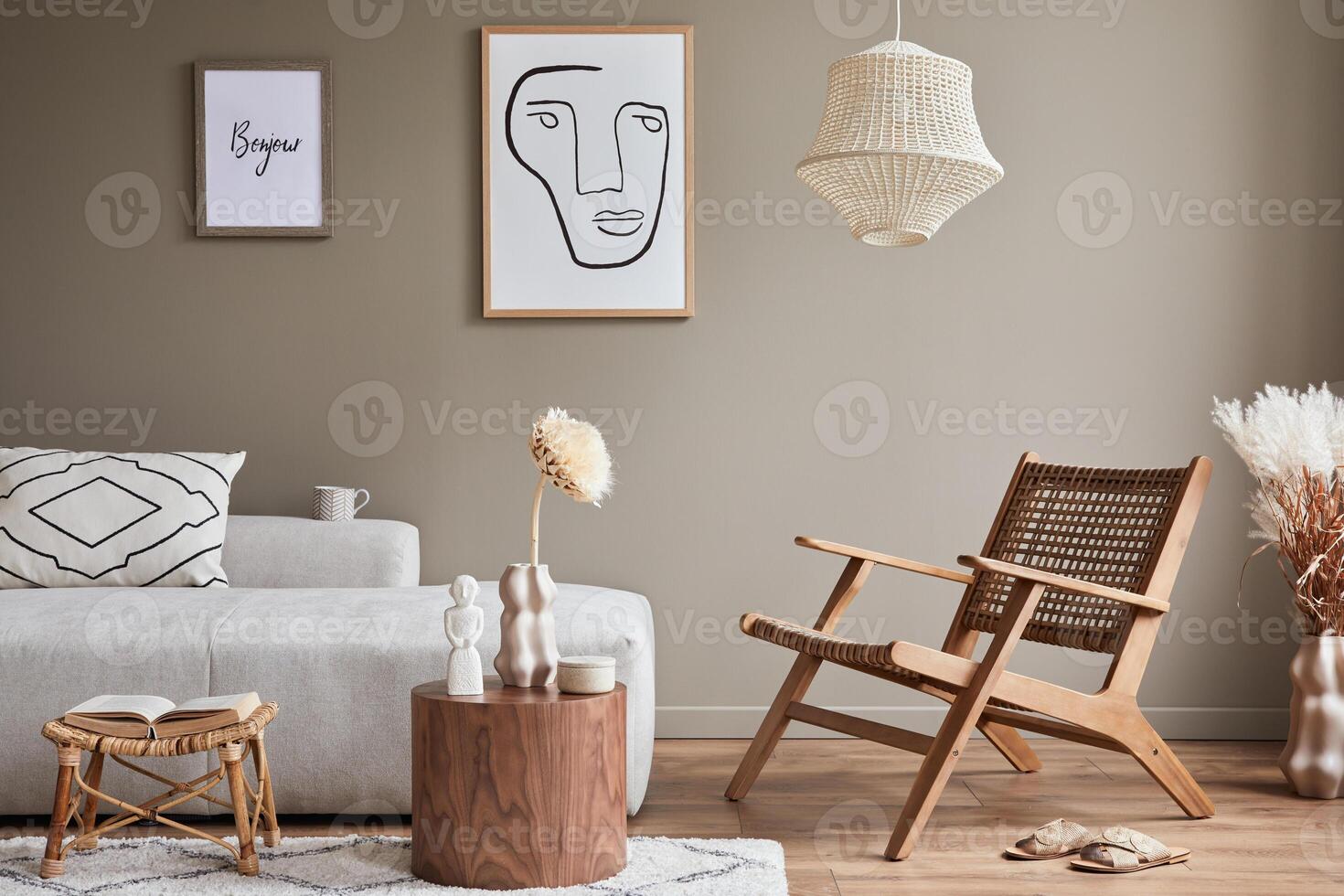 Modern concept of living room interior with design modular sofa, armchair, dried flowers in vase, coffee table, decoration and elegant personal accessories in stylish home decor. photo