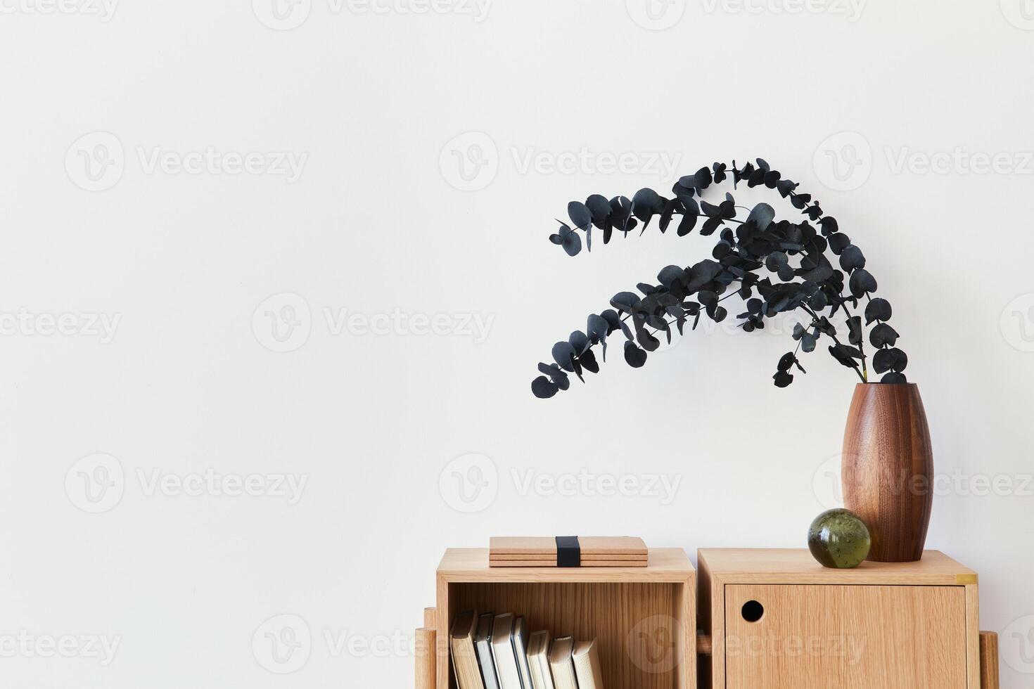 Modern composition of living room interior with design wooden bookcase, eucalyptus leaf in vase, book, decoration, glassy ball and copy space on the wall. Template. photo