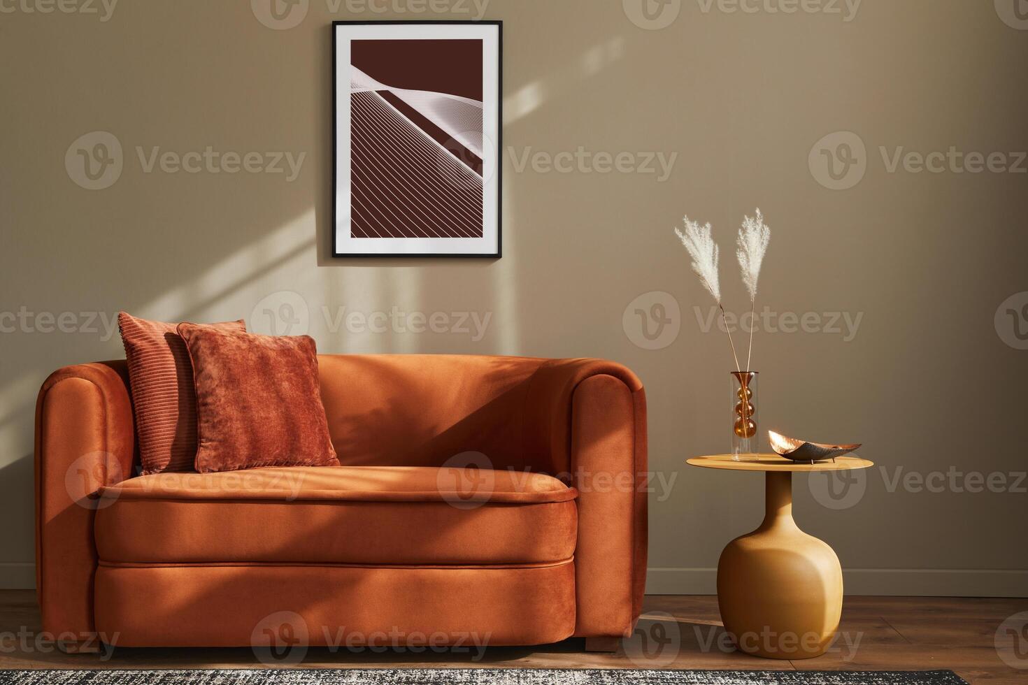Minimalistic concept of stylish living room interior with design velvet ore sofa, mock up poster frame, pillow, decoration and elegant accessories in modern home decor. Template. photo