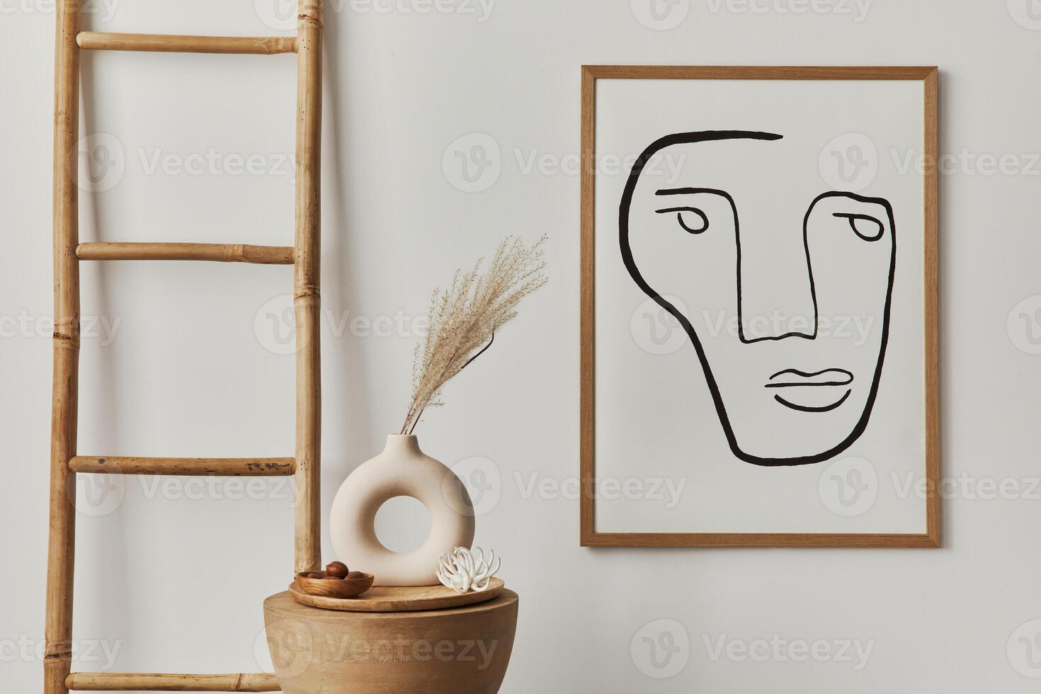Stylish interior of living room at home with mock up poster frame, wooden stool, decoration and elegant personal accessories in modern home decor. photo