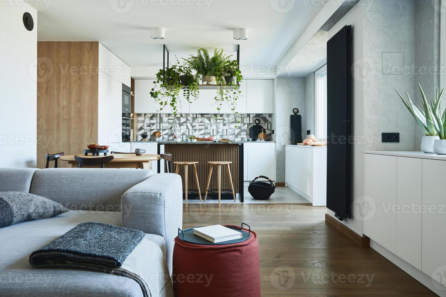 Stylish living room interior design with grey sofa, pouf and personal accessories. Dining space and kitchen on the background. Creative walls with wooden pannels. photo