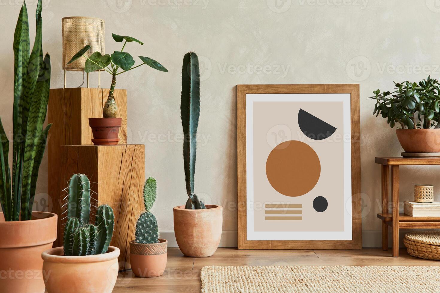 Creative composition of stylish living room interior with mock up poster frame, wooden shelf, cacti and personal accessories. Plant love and nature concept photo