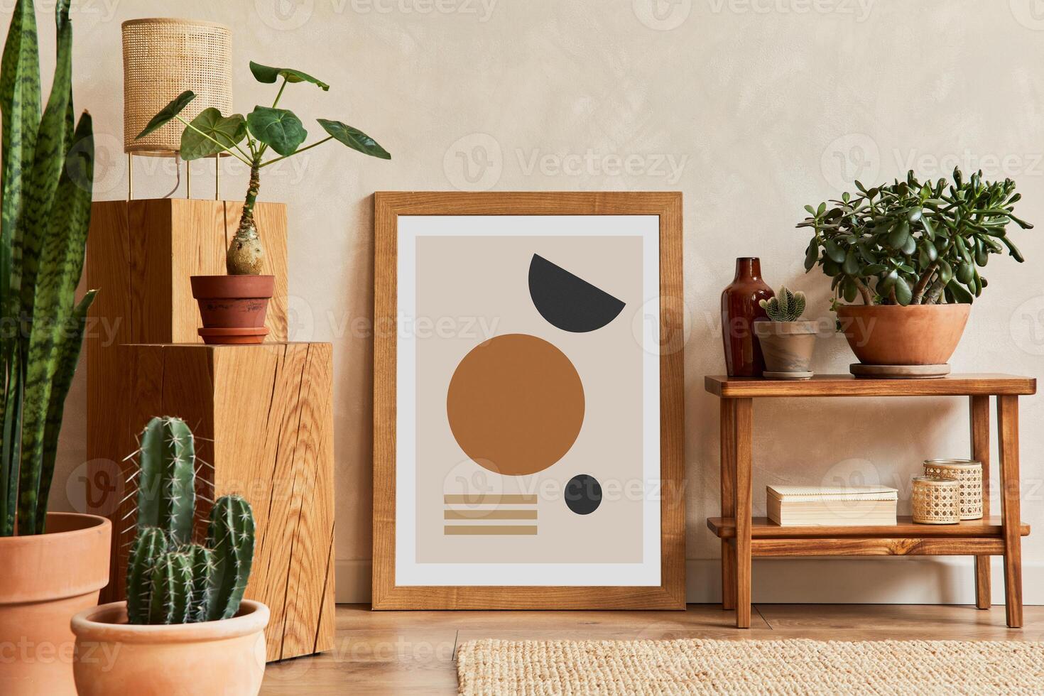 Creative composition of stylish living room interior with mock up poster frame, cubes, cacti and personal accessories. Plant love and nature concept. Template. photo