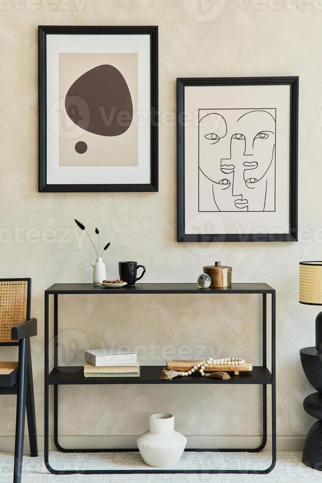 Creative composition of stylish modern living room interior with two mock up poster frames, black geometric commode, cofee table, lamp and personal accessories. Neutral corols. Template. photo