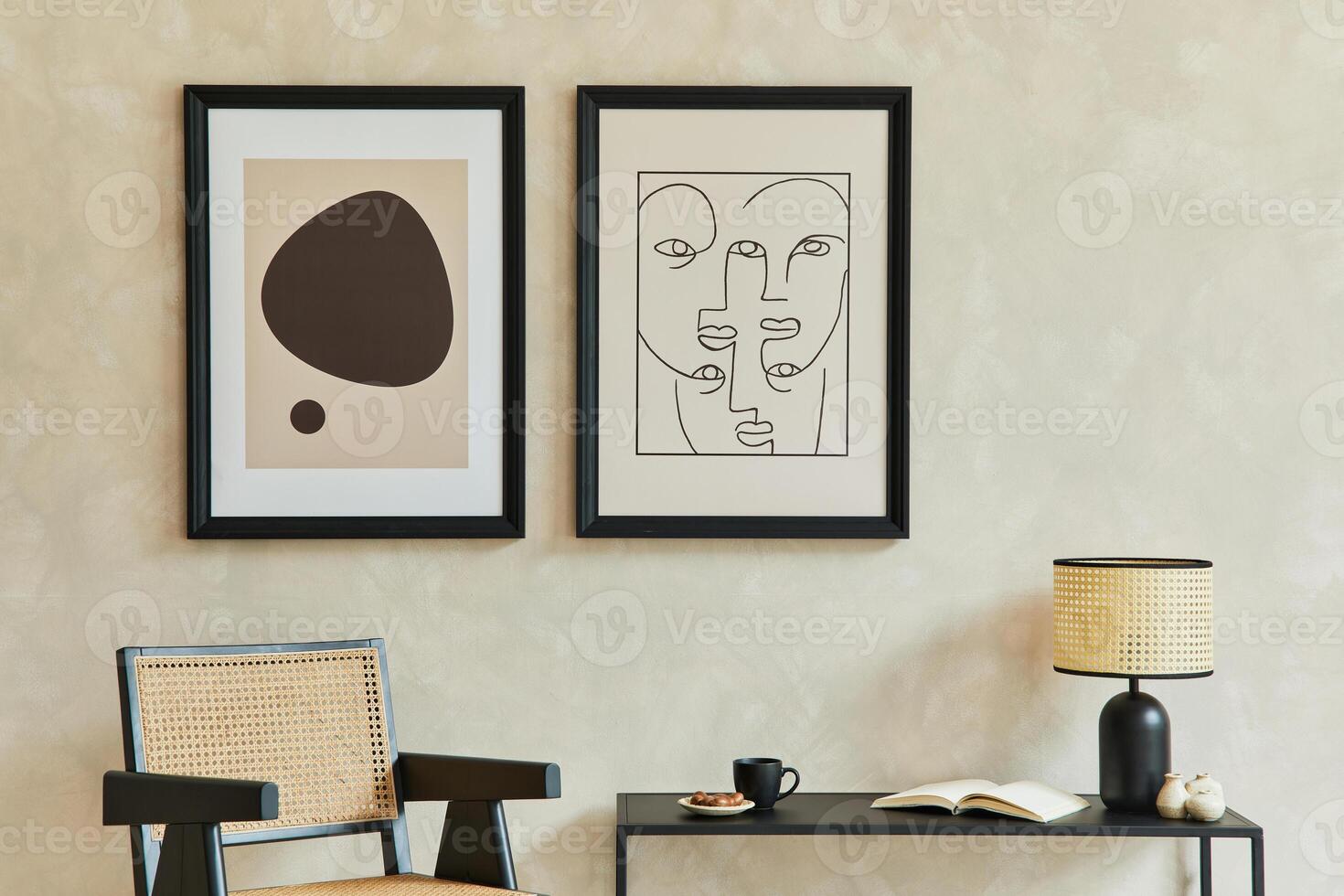 Creative composition of stylish modern living room interior with two mock up poster frames, black commode, armchair, lamp and personal accessories. Neutral colors. Template. photo