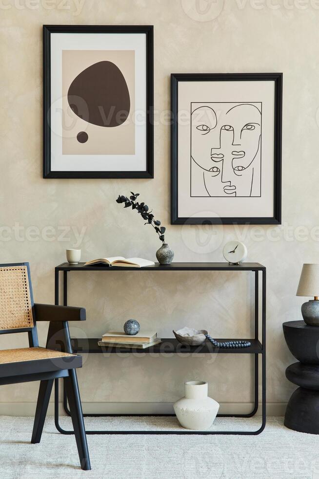 Creative composition of stylish modern living room interior with two mock up poster frames, geometric commode, armchair, coffee table and personal accessories. Neutral colors. Template. photo