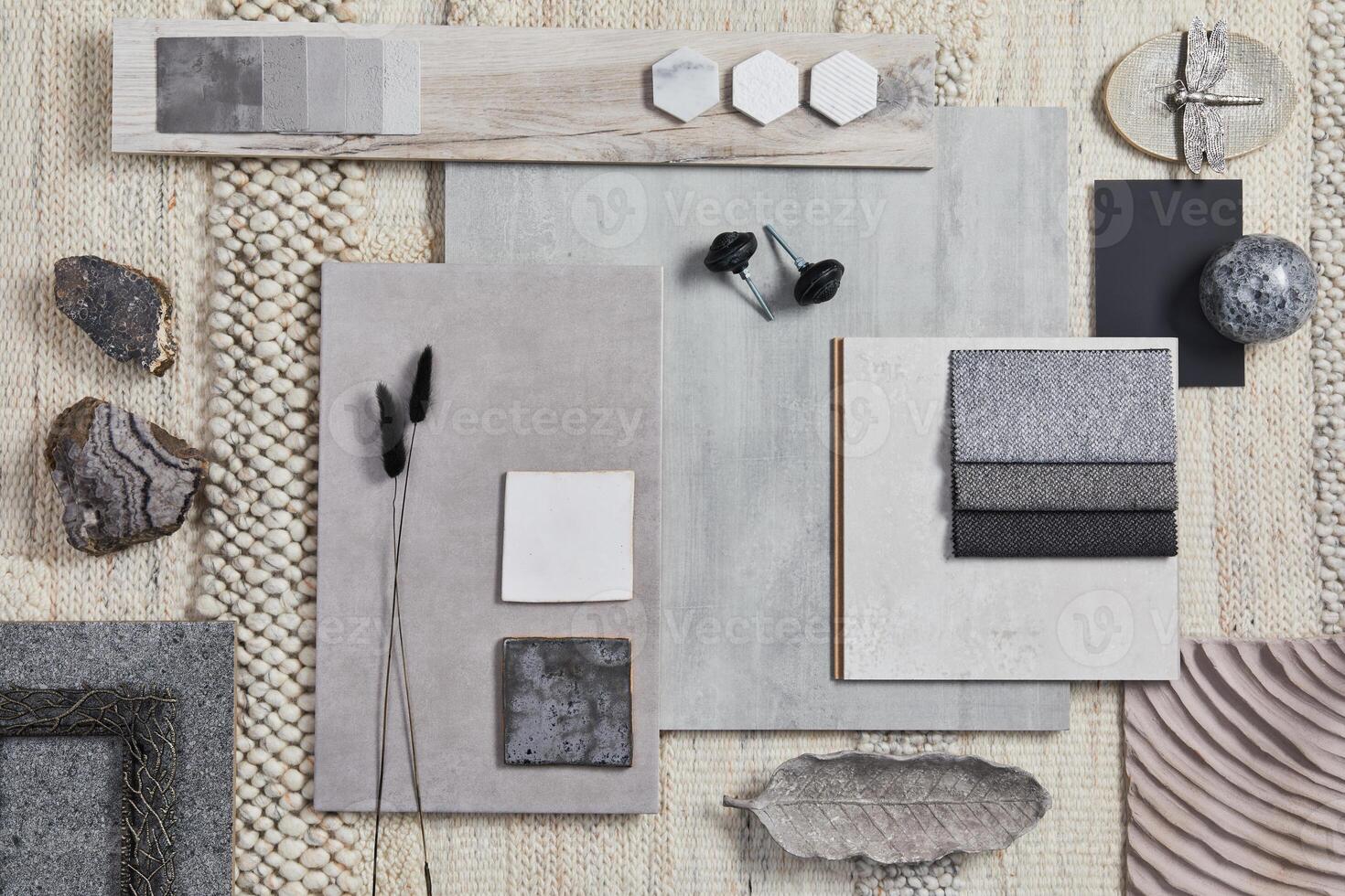Flat lay design of creative architect moodboard composition with samples of building, beige textile and natural materials. Personal accessories - Top view, template. photo