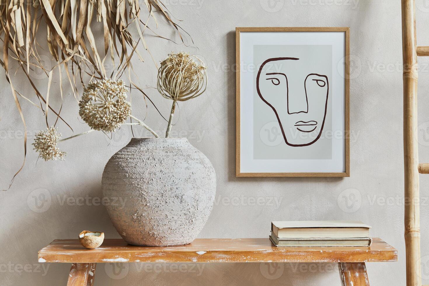 Stylish composition of living room interior with mock up poster frame, bench in retro style, clay vase and books. Rustic inspiration. Summer vibes. Beige wall. Template. photo