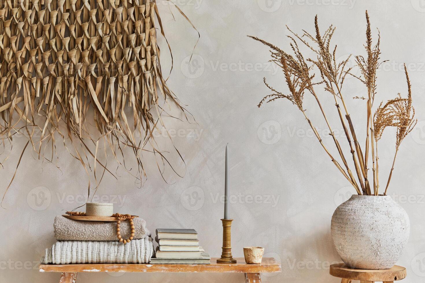 Stylish composition of living room interior with copy space, bench in retro style, clay vases and crockery. Rustic inspiration. Summer vibes. Template. photo