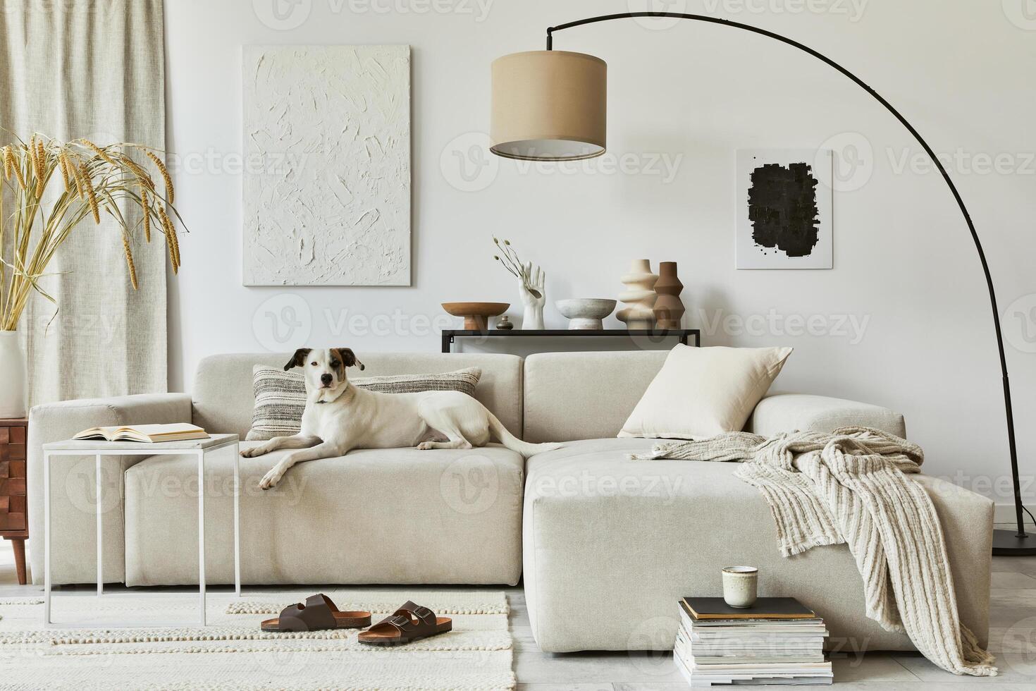 Creative composition of cozy living room interior design with mock up poster frame and structure painting, corner sofa, coffee table, textile and personal accessories. Classic style. photo