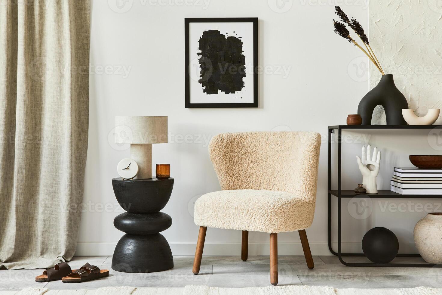 Stylish composition of cozy living room interior with mock up poster frame, fluffy armchair, coffee table, commode and personal accessories. Modern classic style. photo
