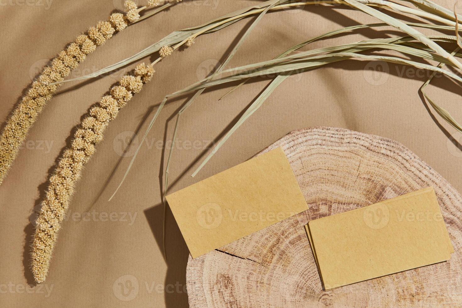 Flat lay of stylish composition with mock up visit cards, textile, rocks, wood, natural materials, dry plants and personal accessories. Neutral colors, top view, template. photo