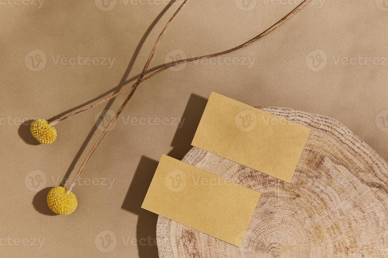 Stylish flat lay composition with mock up visit cards, wood, natural materials, dry plants and personal accessories. Neutral colors, top view, template. photo