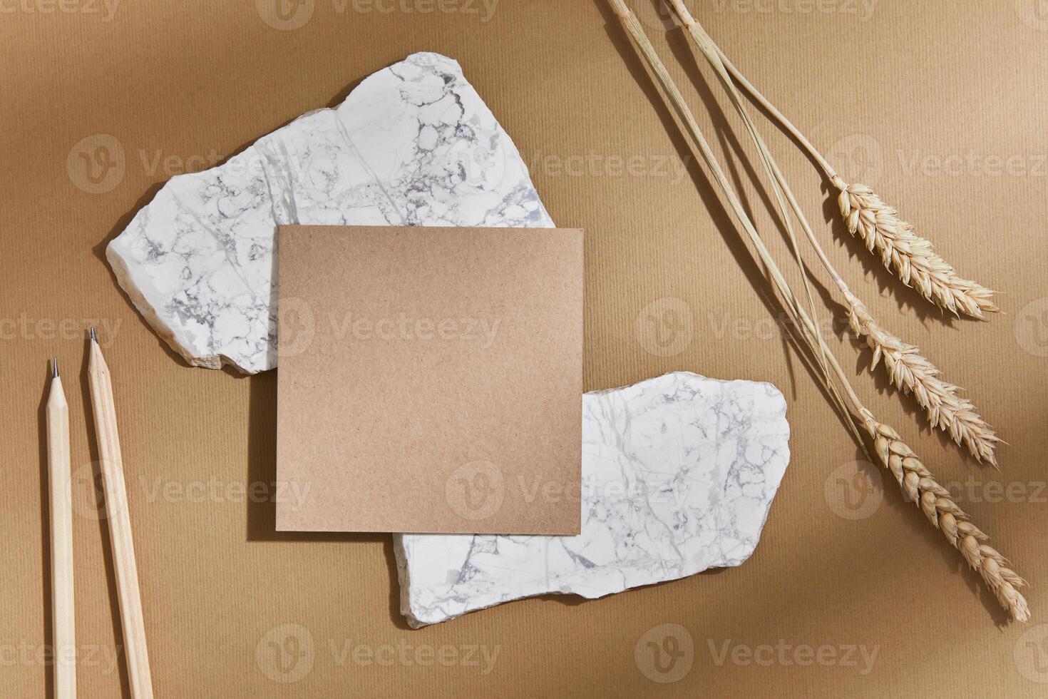 Flat lay of stylish interior with mock up visit cards, textile, rocks, wood, natural materials, pencils, dry plants and personal accessories. Neutral colors, top view, template. photo