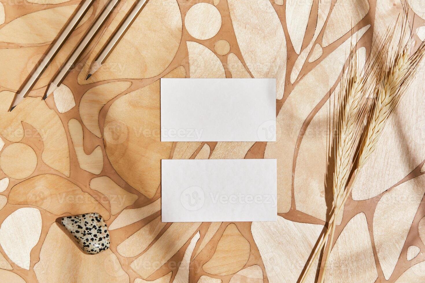 Creative flat lay interior design composition with mock up visit cards, rocks, natural materials, pencils, dry plants and personal accessories. Neutral colors, top view, template. photo