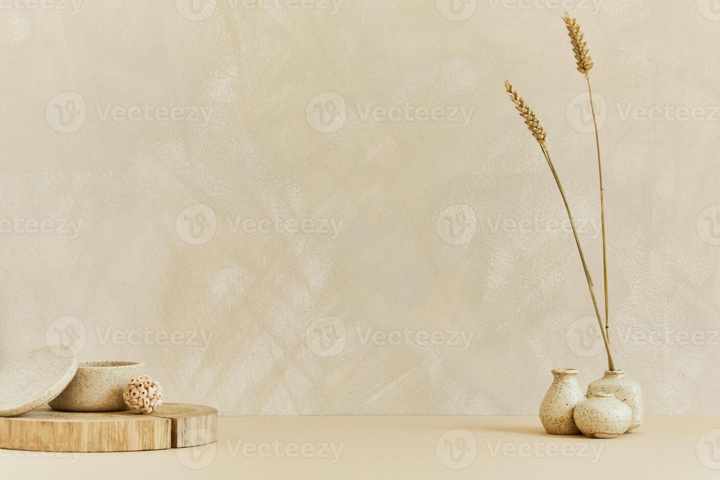 Minimalistic interior design with copy space, natural materials as wood and marbel, dry plants and personal accessories. Neutral beige colors, template. photo