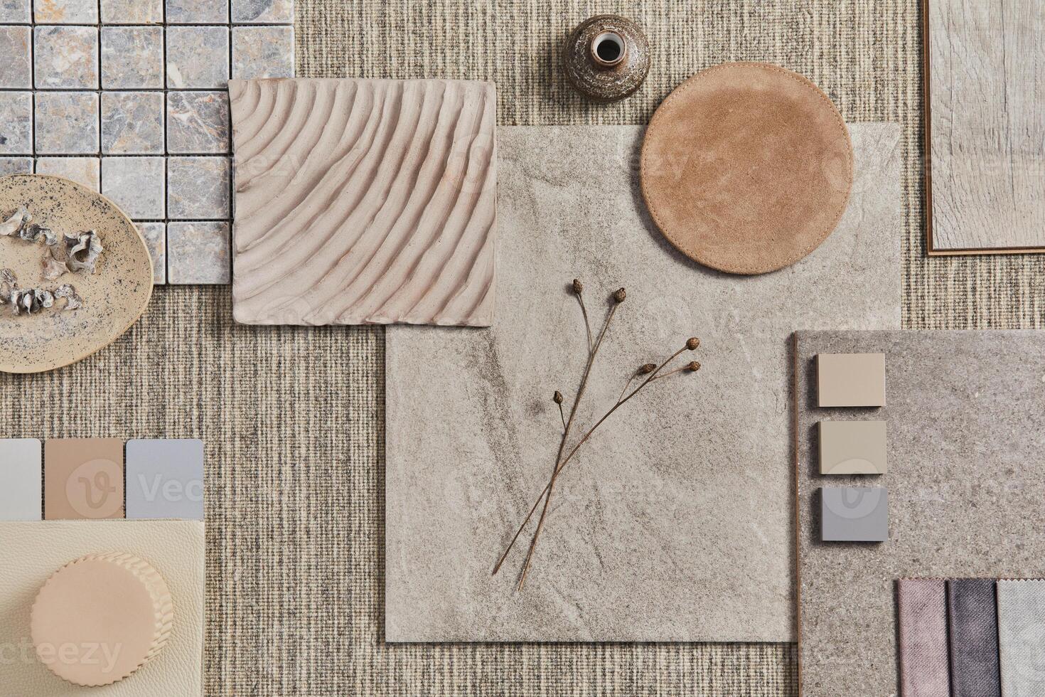 Flat lay of creative design of beige architect moodboard composition with samples of building, neutral textile and natural materials and personal accessories. Top view, template. photo