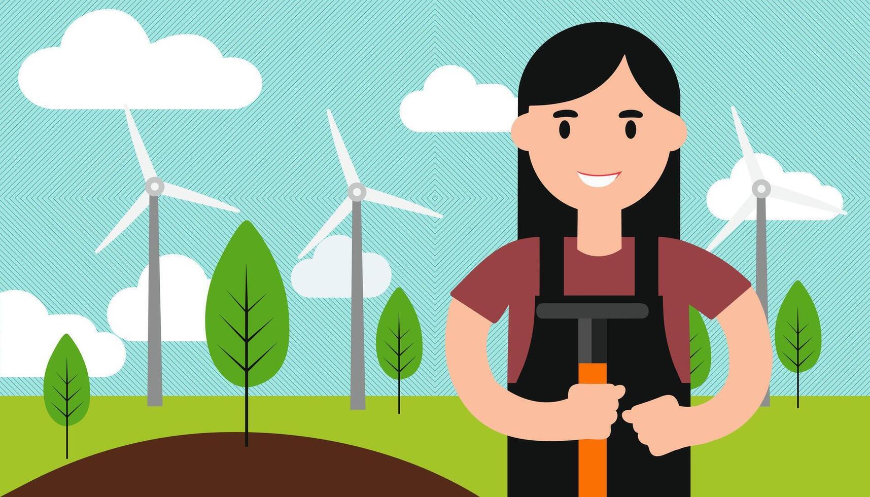 A woman is standing in front of a field of trees and windmills vector