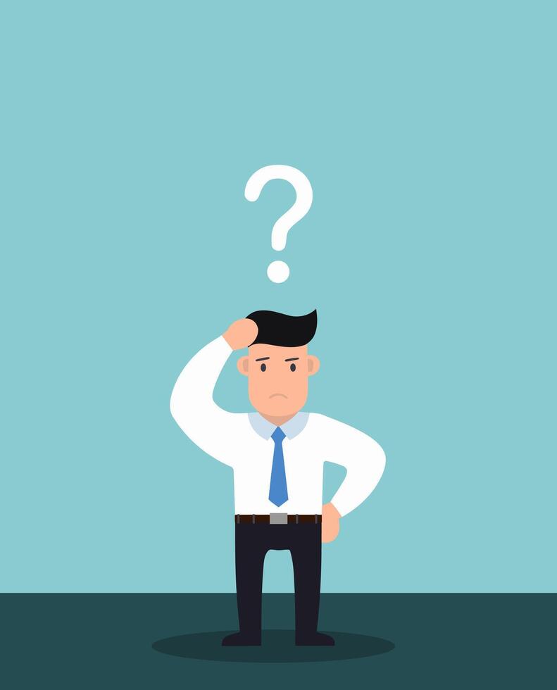 A man is standing in front of a wall with a question mark on it. He is wearing a white shirt and a blue tie vector