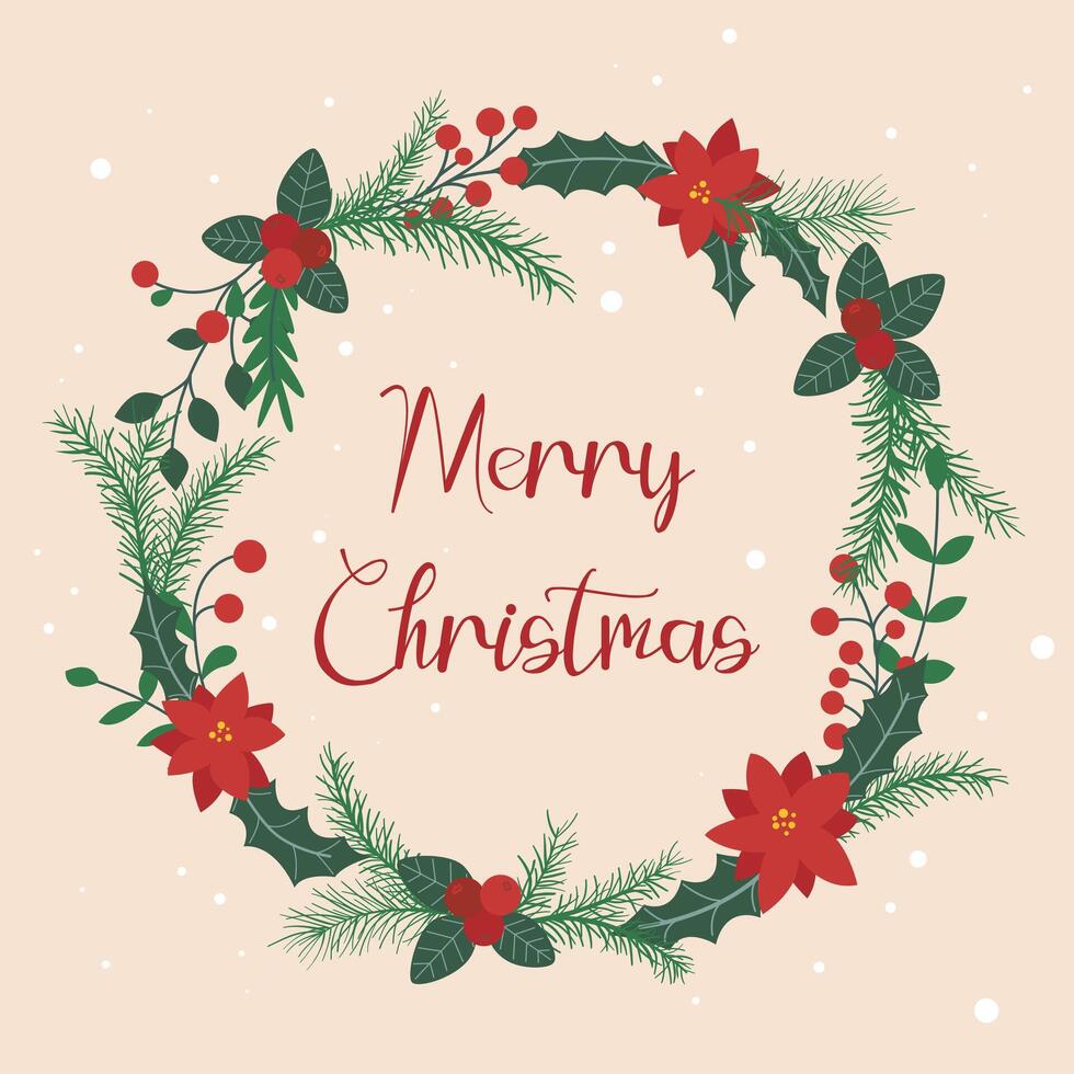 Merry Christmas round wreath with berries, foliage and holly vector