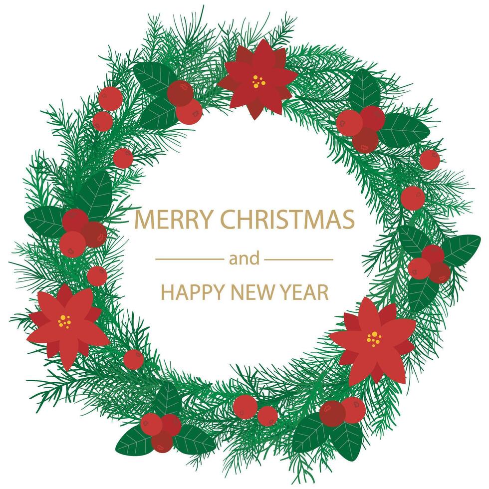 Festive spruce round crown with berries and flowers vector
