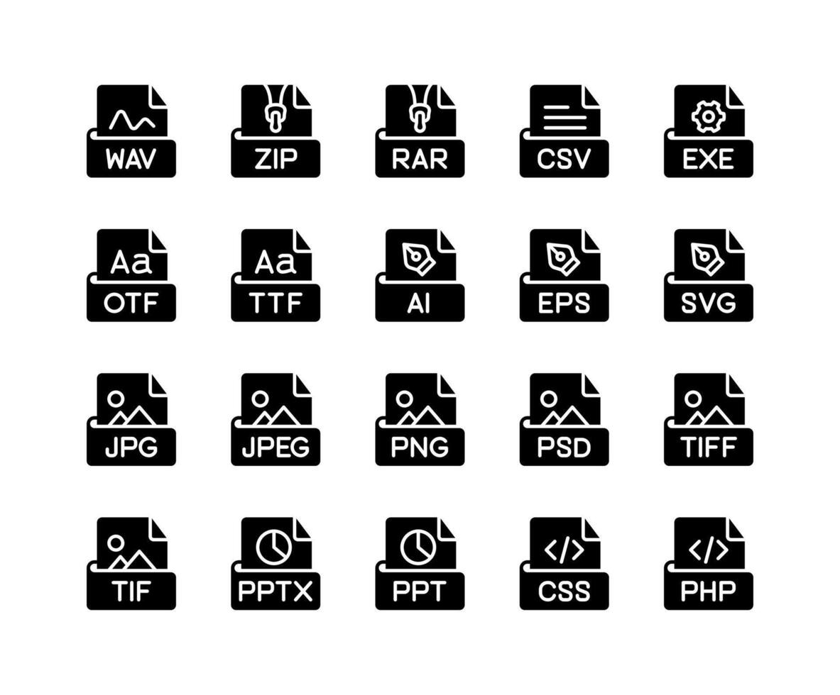 Set of file format or extensions, A collection of solid-style icons for key file types, offering simplicity and efficiency for streamlined, modern designs vector