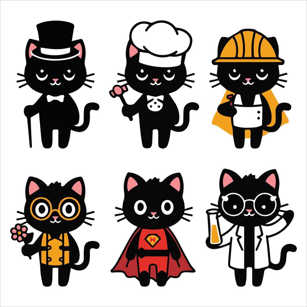 Cats in fun outfits adorable professional character set vector