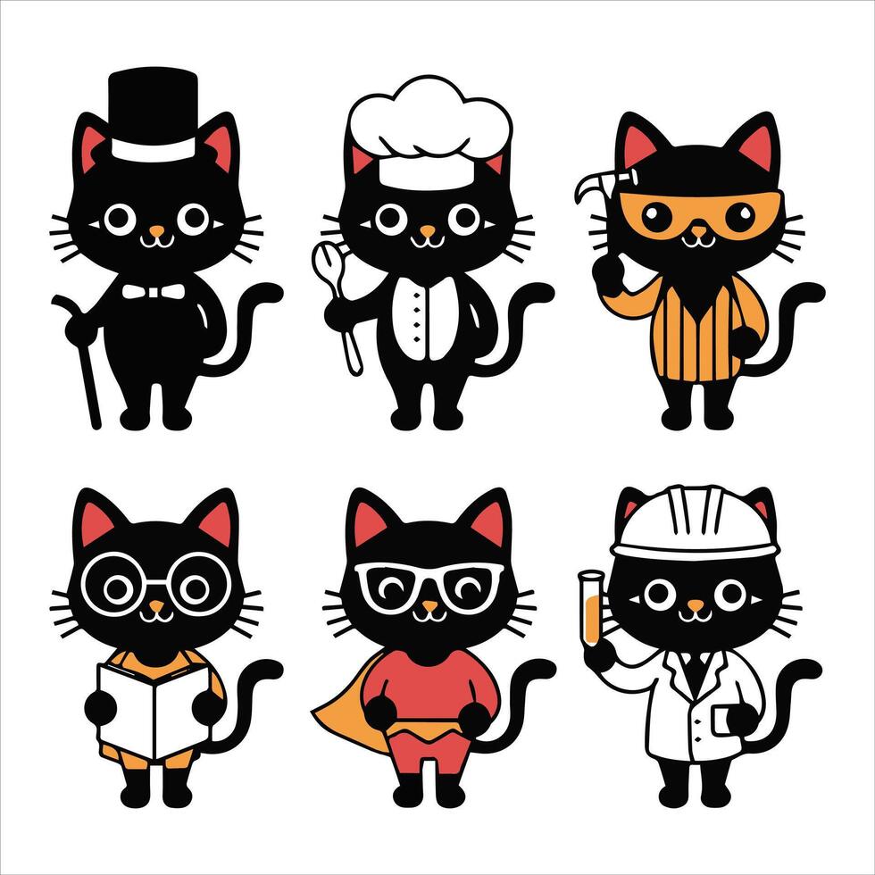Cats in fun outfits adorable professional character set vector