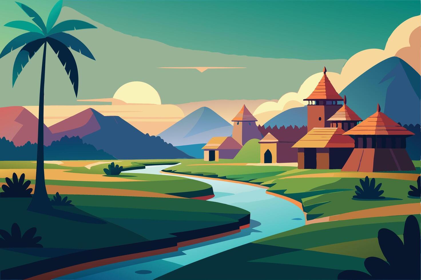 3d village seen with trees background vector