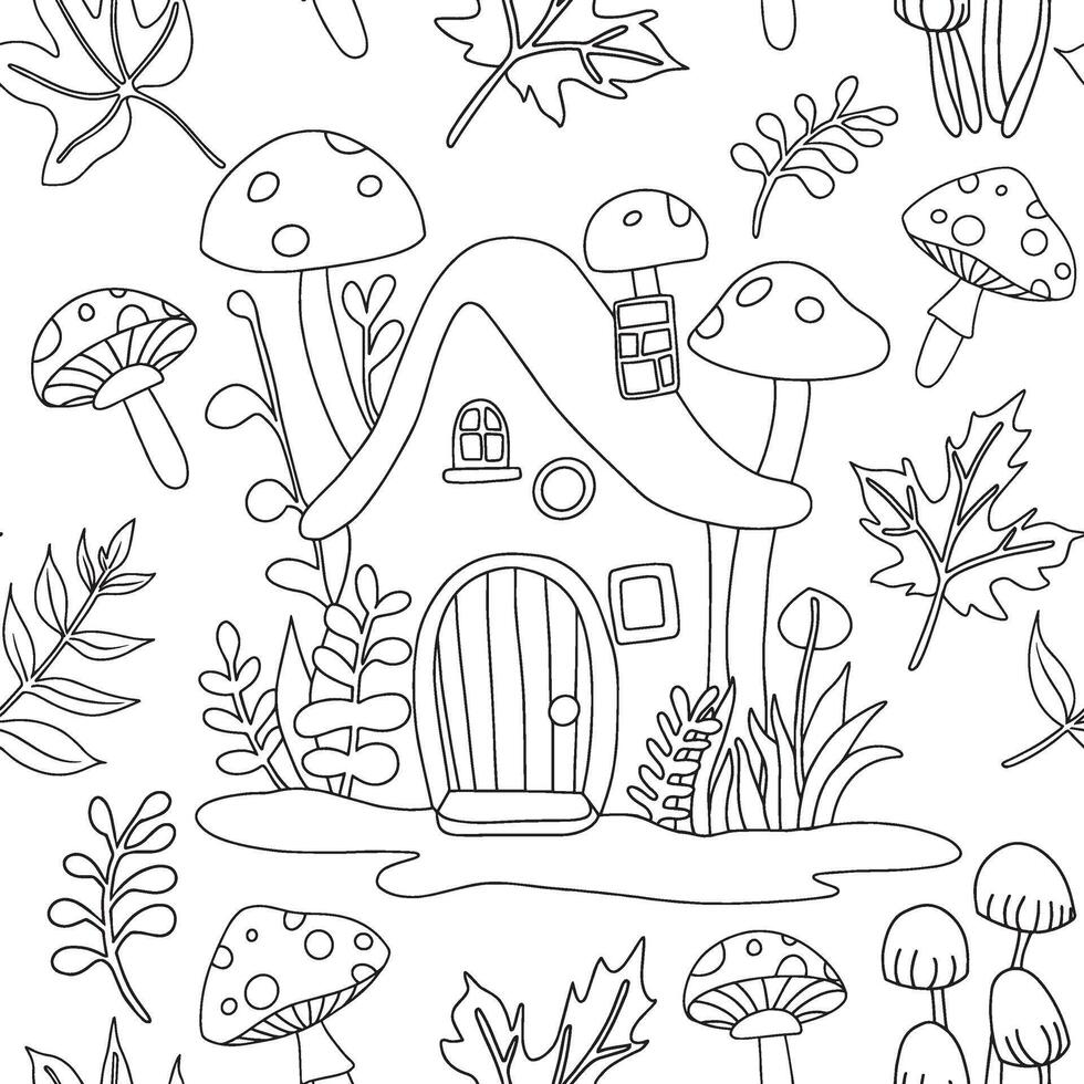 Coloring book. Seamless pattern with cute fairy-tale mushroom houses. Image in doodle style vector