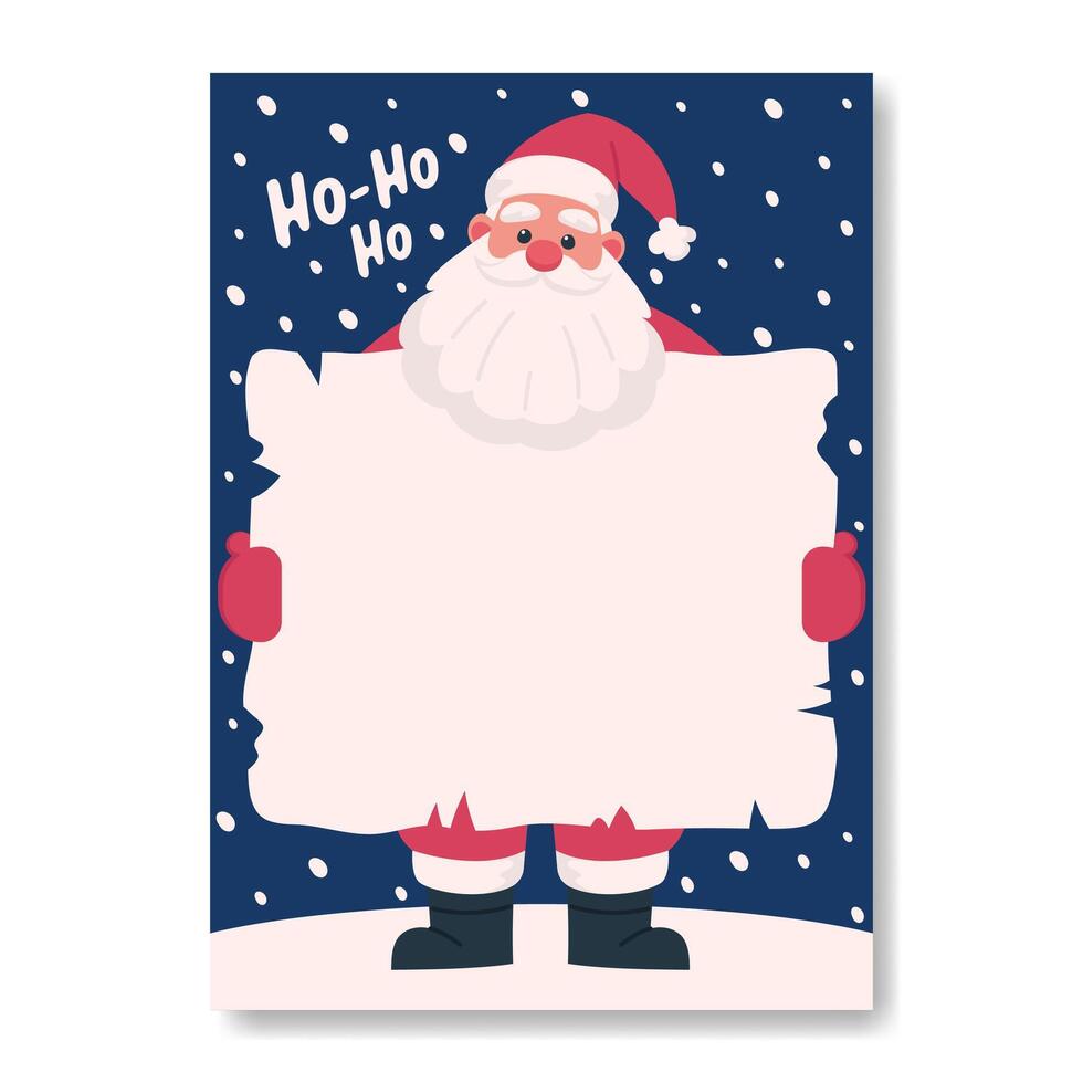 Christmas card Santa Claus holding a sheet of paper. Hand drawn illustration vector