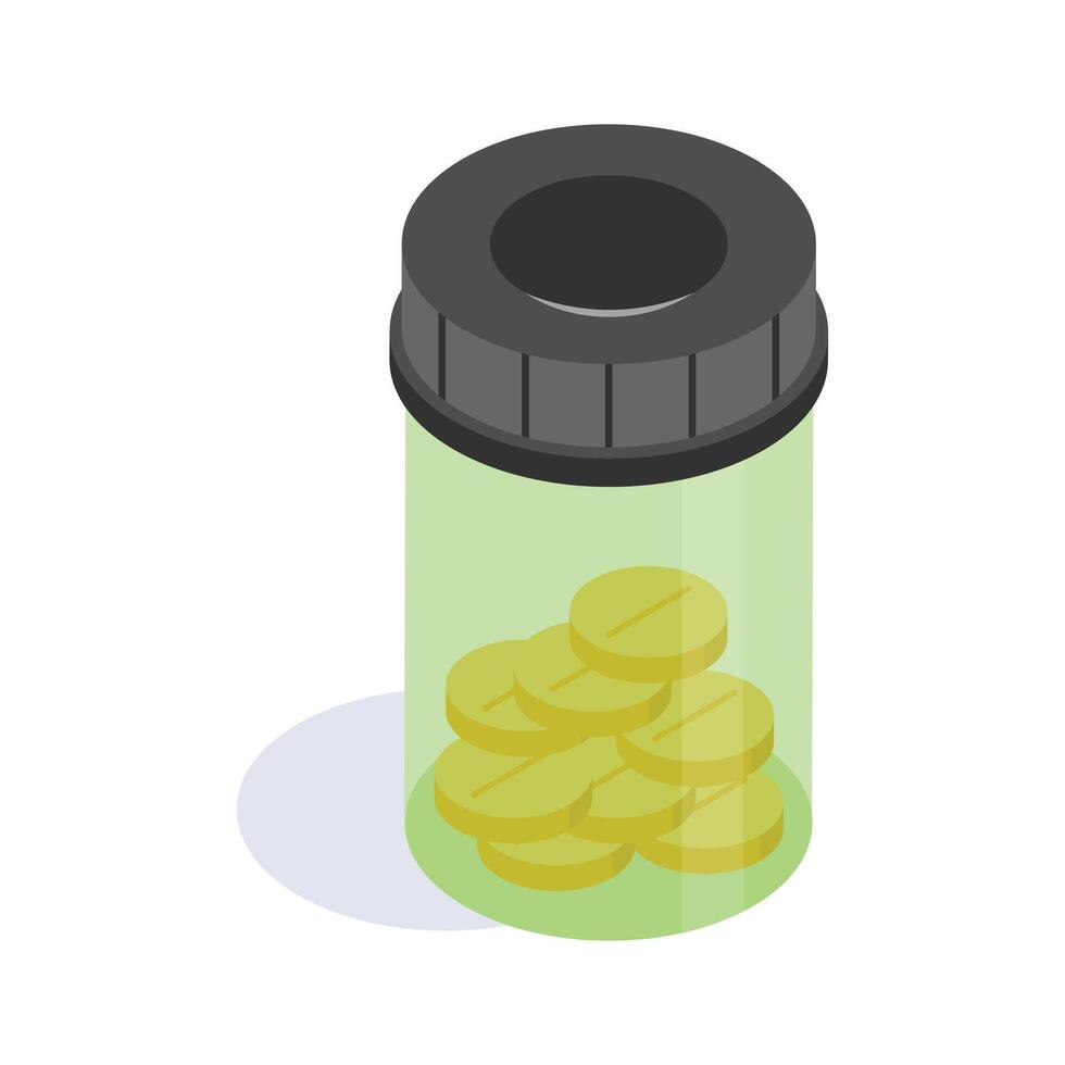 Transparent bottle with assorted pills inside, ready to use icon vector