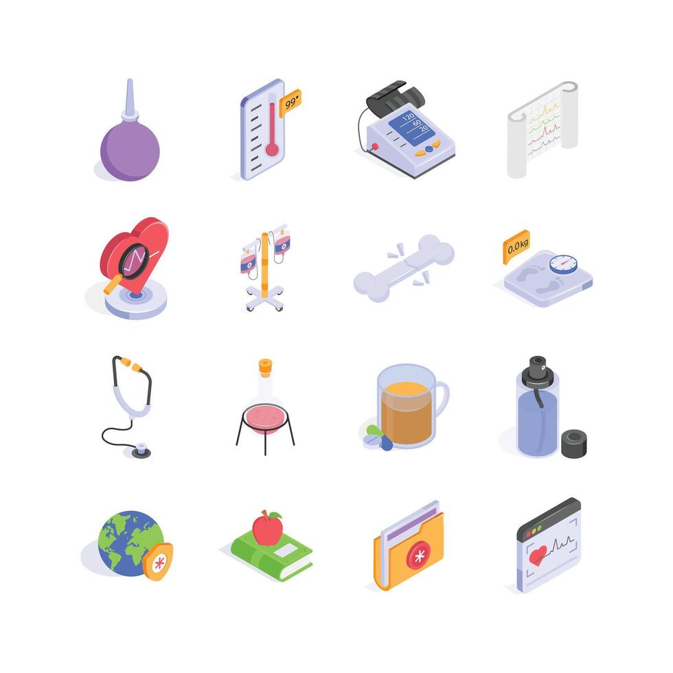 A colorful collection of isometric icons representing various aspects of healthcare, medicine, and wellness vector