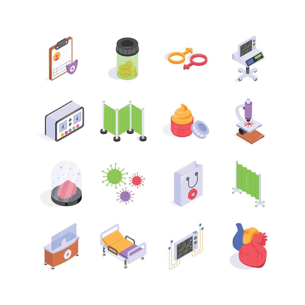 Isometric icons depicts various elements of healthcare, from laboratory analysis and medical equipment to patient care and pharmaceutical supplies vector