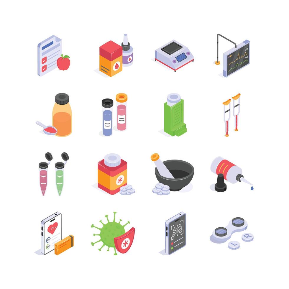This vibrant set of isometric icons showcases essential elements of healthcare and medicine vector