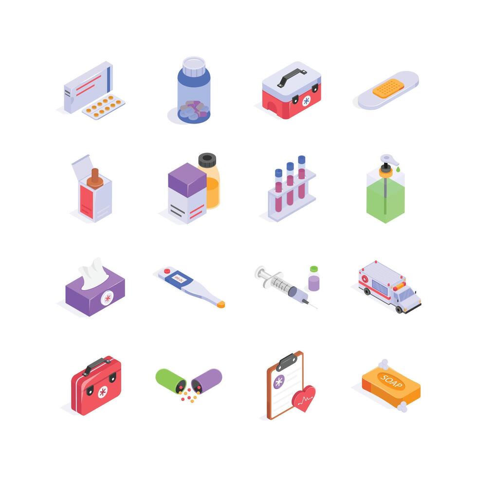 This vibrant illustration showcases a comprehensive set of essential medical supplies and equipment vector