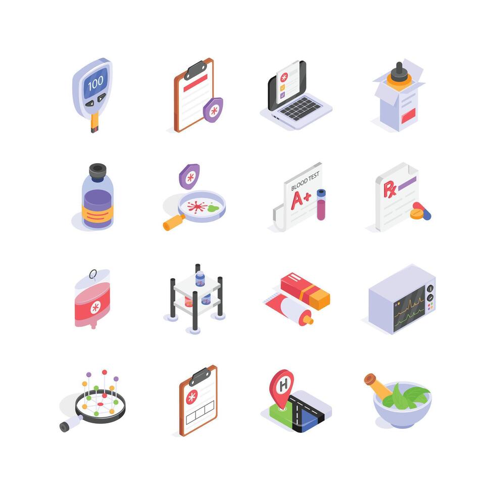 Isometric icons illustrate various aspects of healthcare, featuring elements like medical devices vector