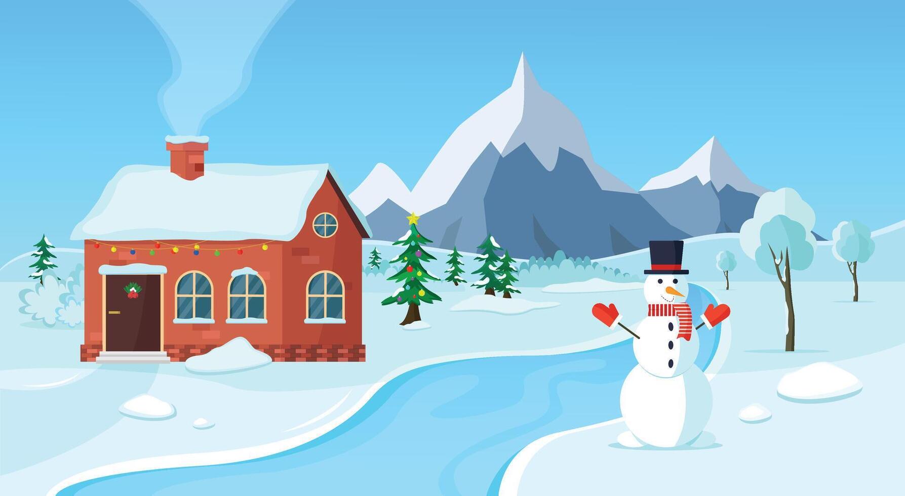 Winter landscape with a village house, mountains in the background, a river, a snowman and trees. vector