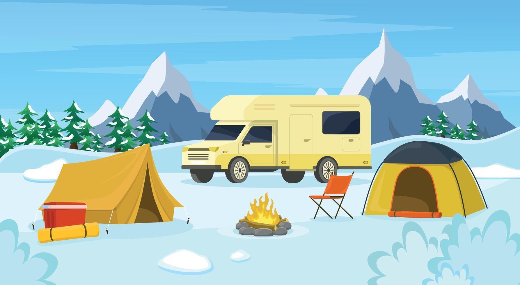 Winter camping on the background of mountains with car, forest, tents, campfire and chair. vector