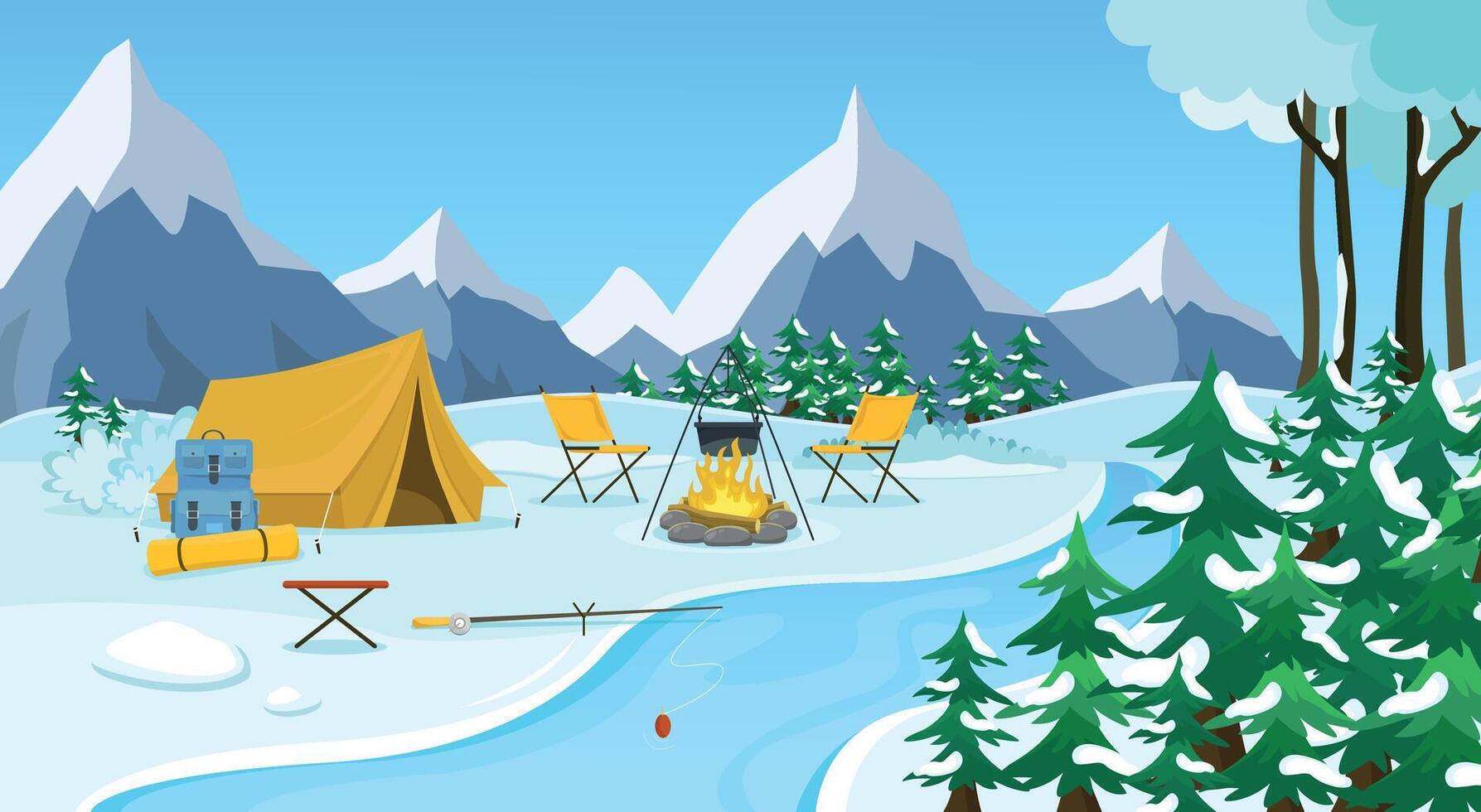 Winter fishing on the river and camping in the mountains with a fire and tents. vector