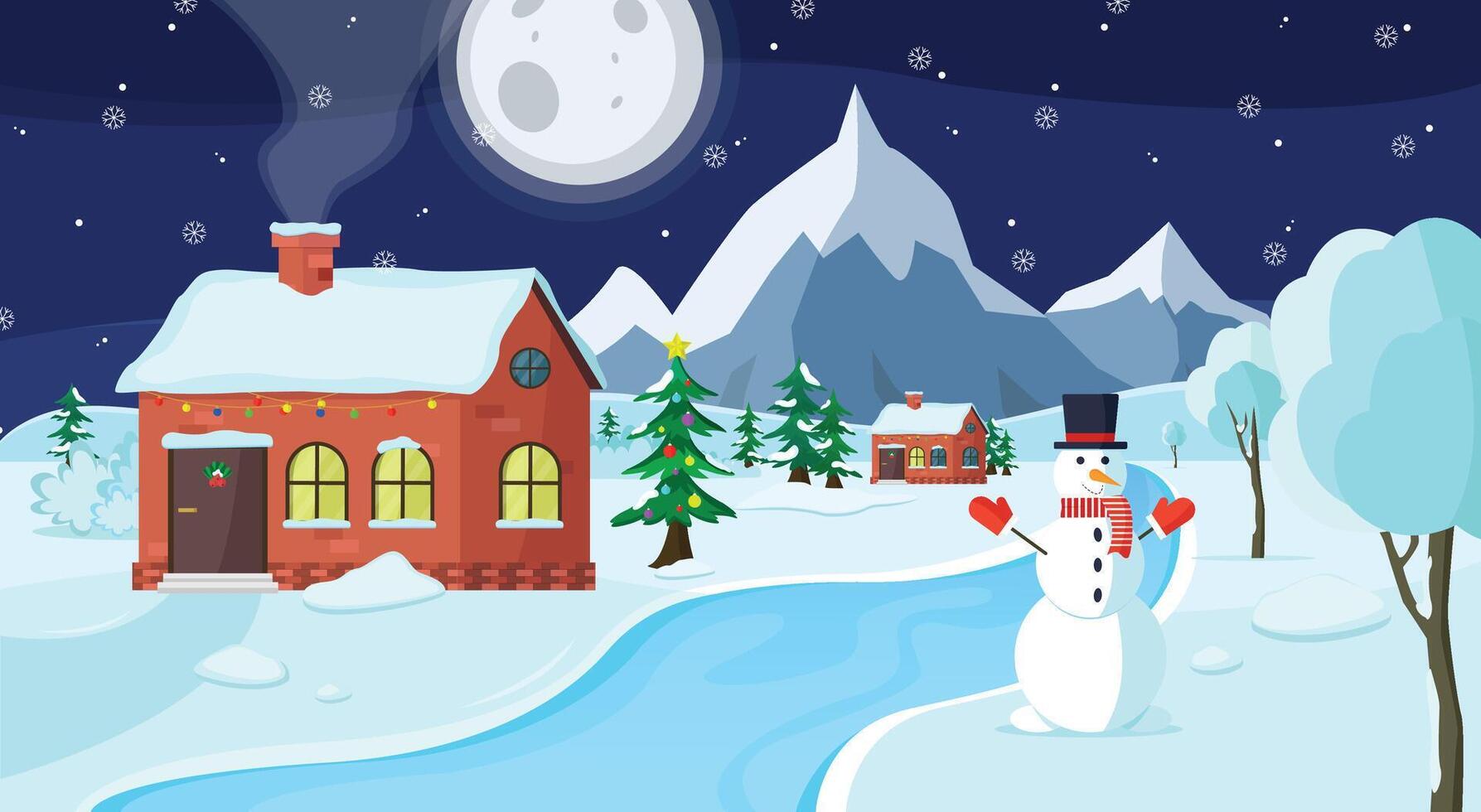 Winter night landscape with houses, snowman, river and trees. Christmas and New Year background. vector