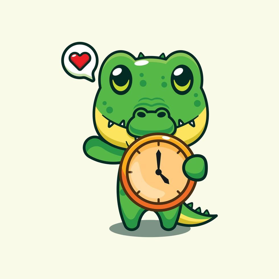 Crocodile with clock cartoon illustration. vector