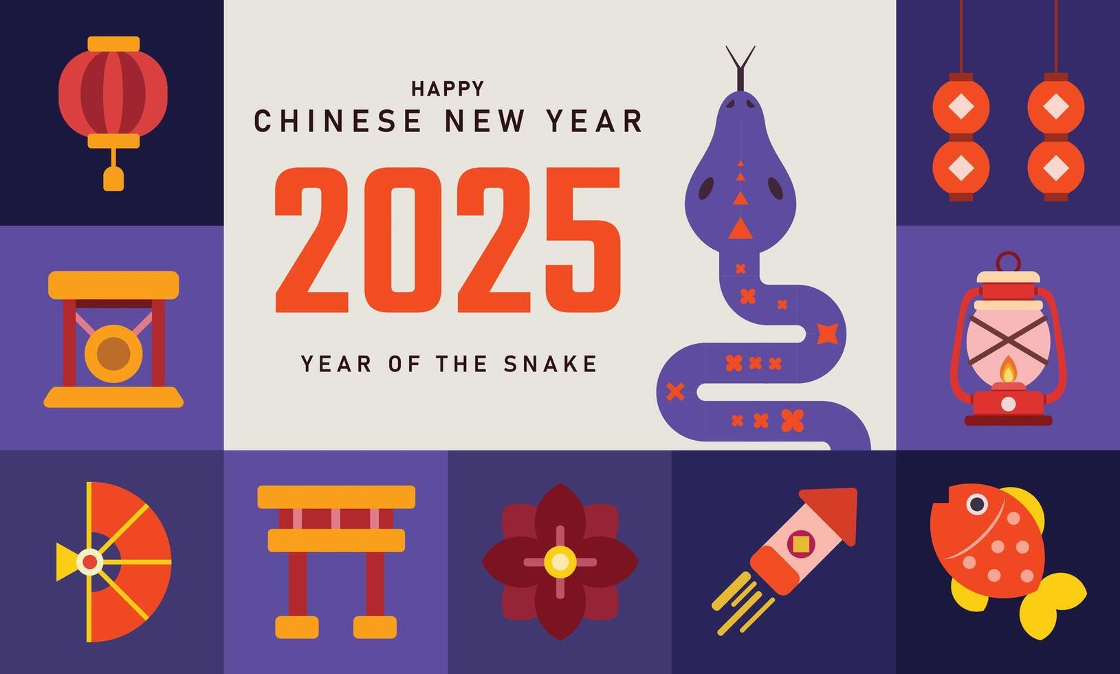 Happy Chinese New Year 2025, banner design, snake illustration and design. traditional Chinese designs with snakes. Lunar new year concept, geometric modern design vector